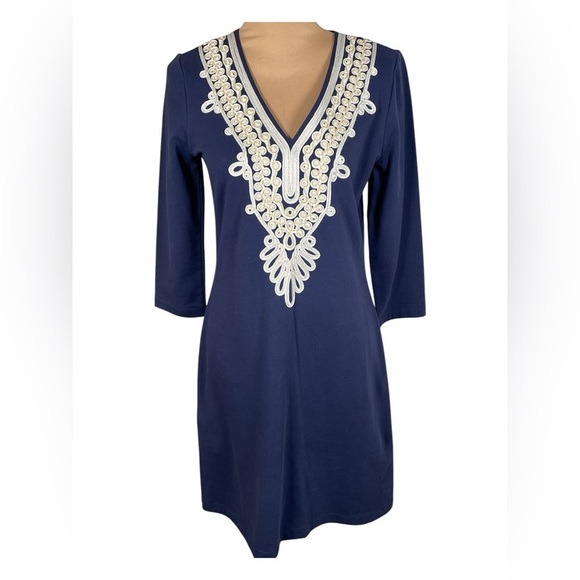 Lilly Pulitzer Clarkson Navy gold trim white scroll 3/4 sleeve dress Embroidered - Picture 4 of 12